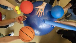 Balls of various sizes represent molecules within bacteria cell